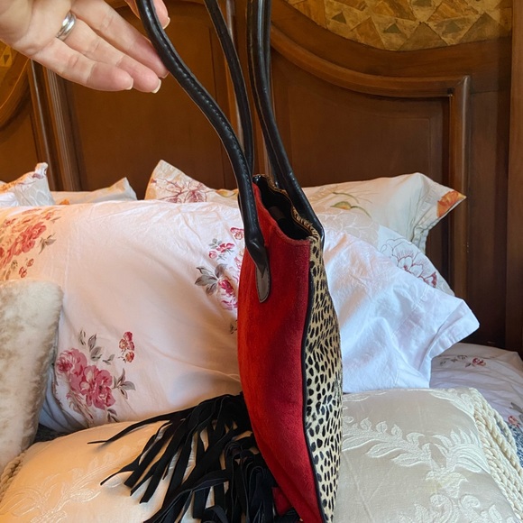 ♥️🎁♥️Leah Aiken Authentic Leopard Skin & Red Suede Pocketbook- Shoulder Bag - Picture 4 of 12